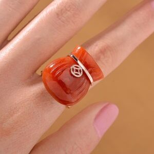 Red Jade (D) 42.00 ctw Hand Carved Money Bag Ring in 18K Vermeil Rose Gold Over